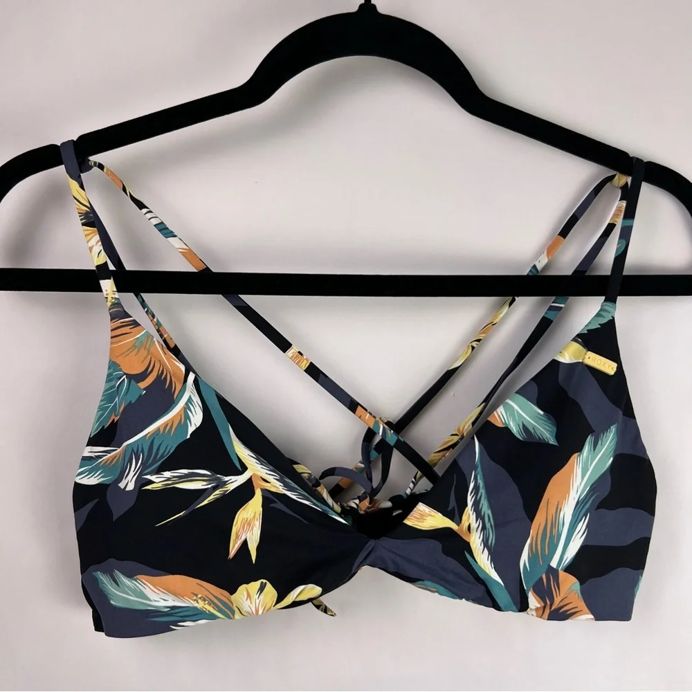 Roxy Garden Surf Bikini Top Black Tropical Floral Crisscross Swimwear L - Picture 2 of 9